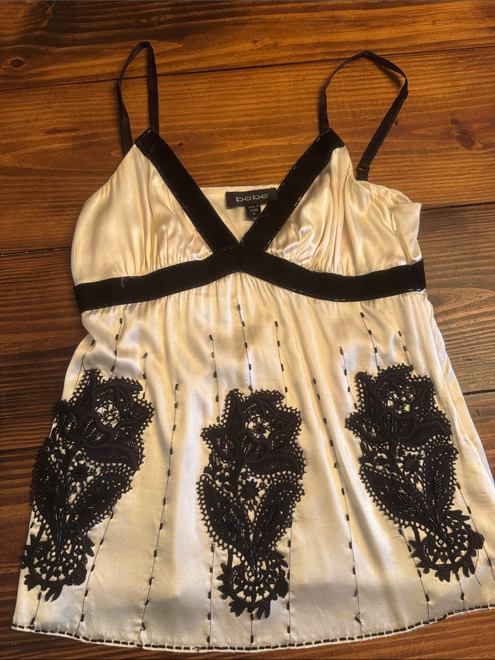 bebe Cream Satin Cami with Black Lace Appliqué